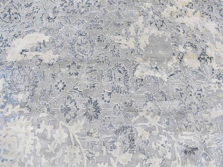 11'10" x 11'10" New Hand Knotted Grey Wool & Silk Round Oriental Rug - MOA10278065