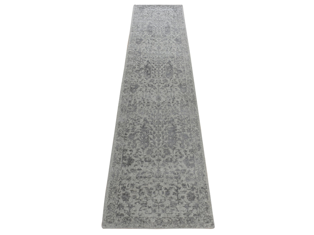 2'5" x 12'0" New Hand Loomed Grey Wool & Silk Runner Oriental Rug - MOA10278245