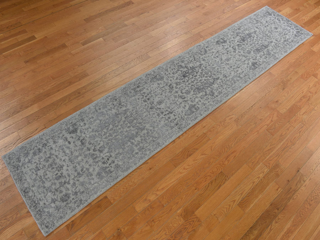 2'5" x 12'0" New Hand Loomed Grey Wool & Silk Runner Oriental Rug - MOA10278245