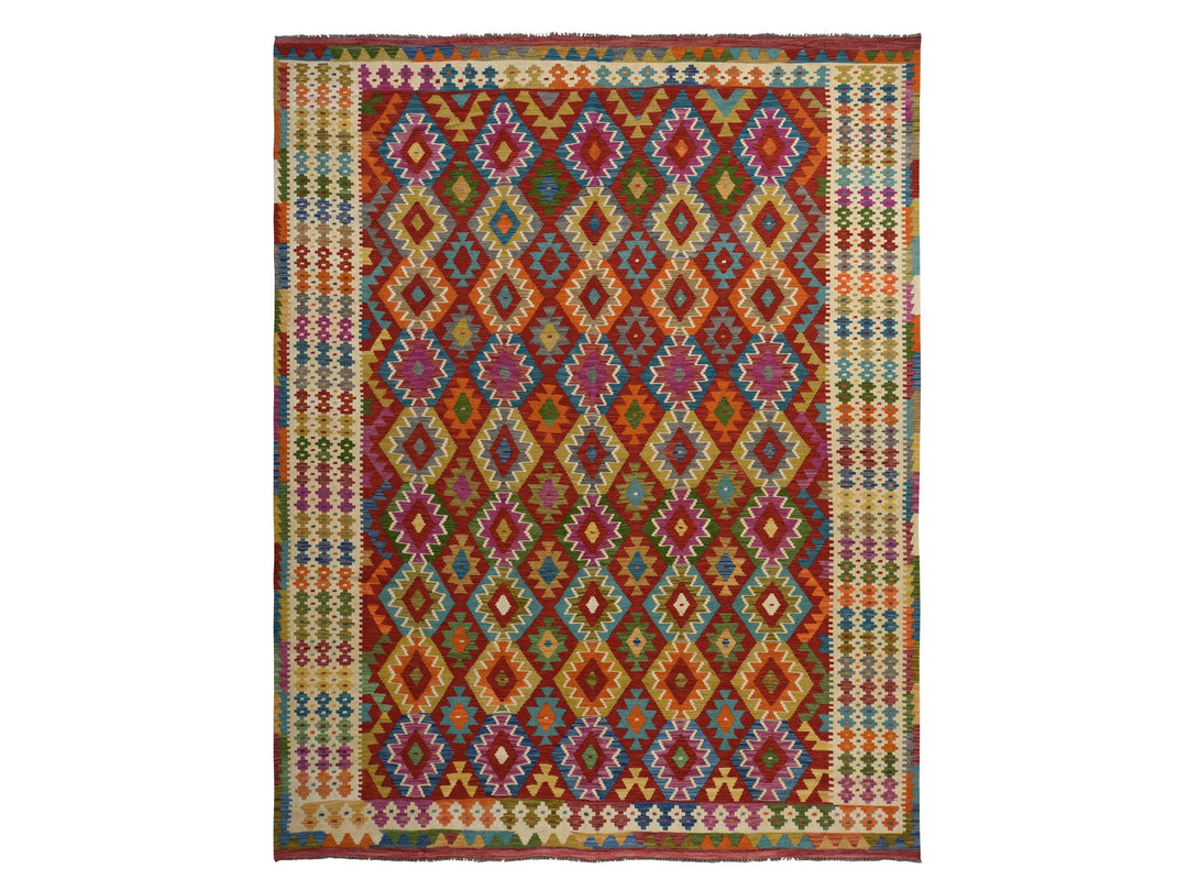 8'6" x 11'0" New Hand Woven Red Wool Rectangle Oriental Rug - MOA10278344