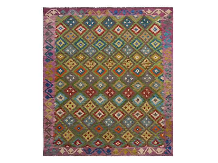 8'4" x 9'10" New Hand Woven Green Wool Rectangle Oriental Rug - MOA10278347