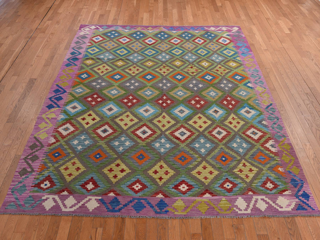 8'4" x 9'10" New Hand Woven Green Wool Rectangle Oriental Rug - MOA10278347