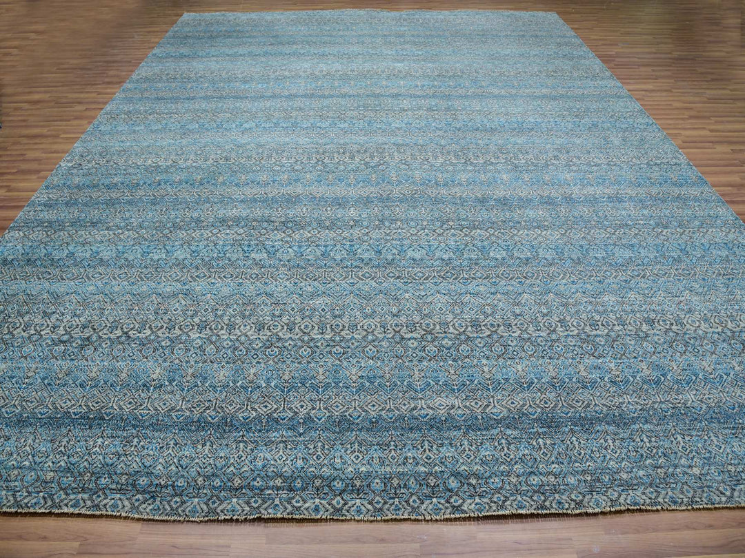 12'0" x 15'1" New Hand Knotted Blue Wool Rectangle Oriental Rug - MOA10279769
