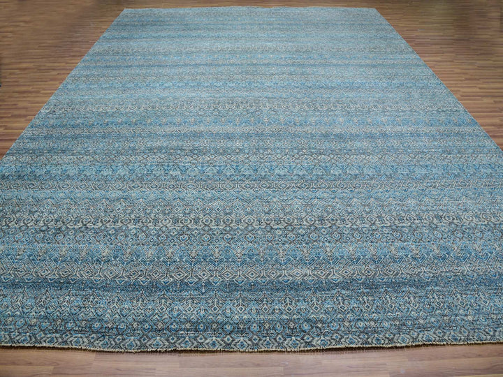 12'0" x 15'1" New Hand Knotted Blue Wool Rectangle Oriental Rug - MOA10279769