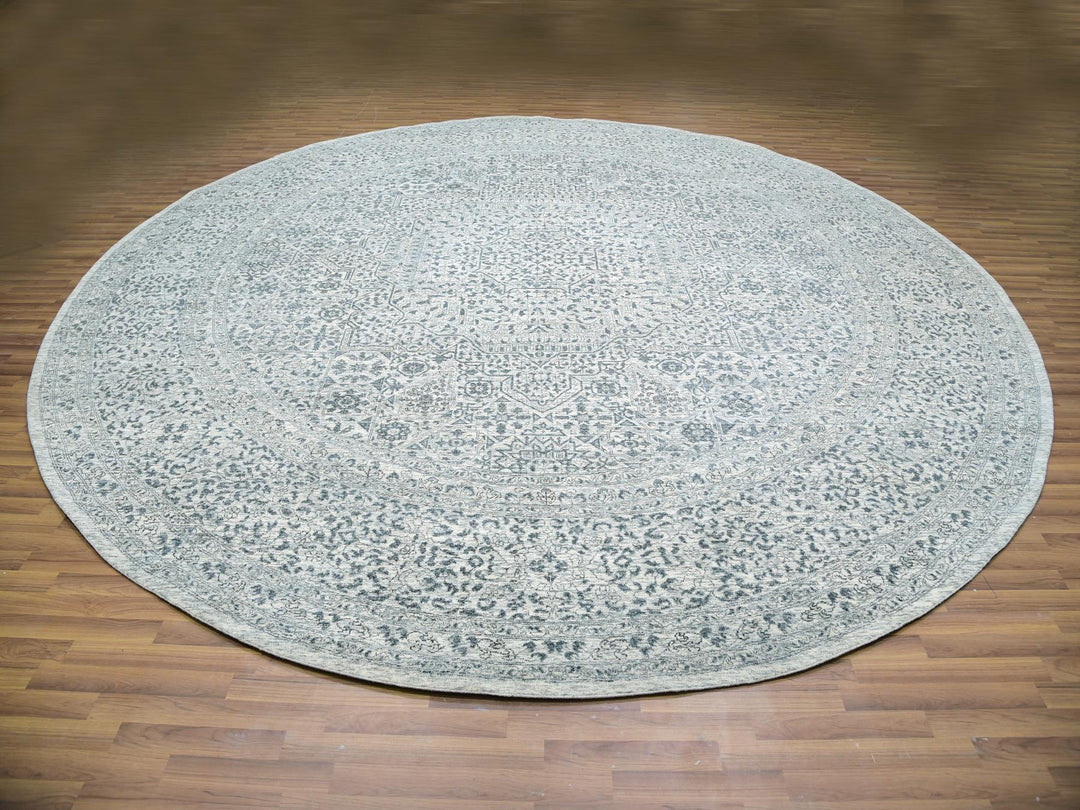 13'10" x 13'10" New Hand Knotted Ivory Wool Round Oriental Rug - MOA10279775