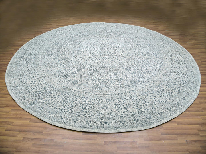 13'10" x 13'10" New Hand Knotted Ivory Wool Round Oriental Rug - MOA10279775