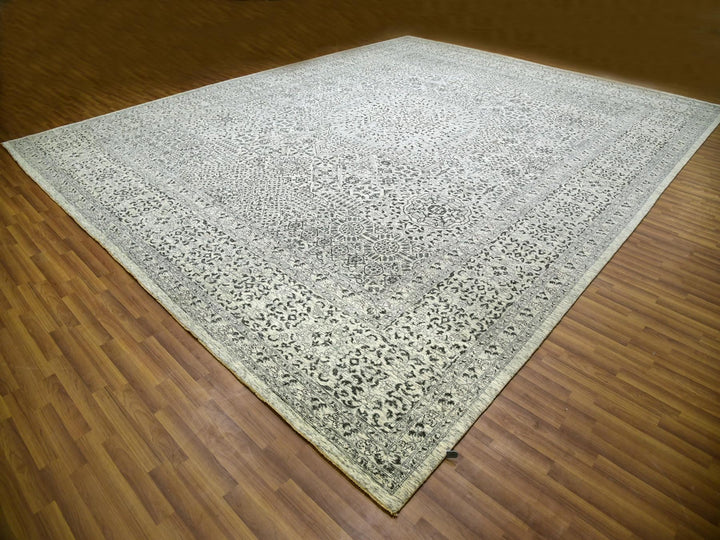 14'1" x 17'9" New Hand Knotted Ivory Wool Rectangle Oriental Rug - MOA10279982