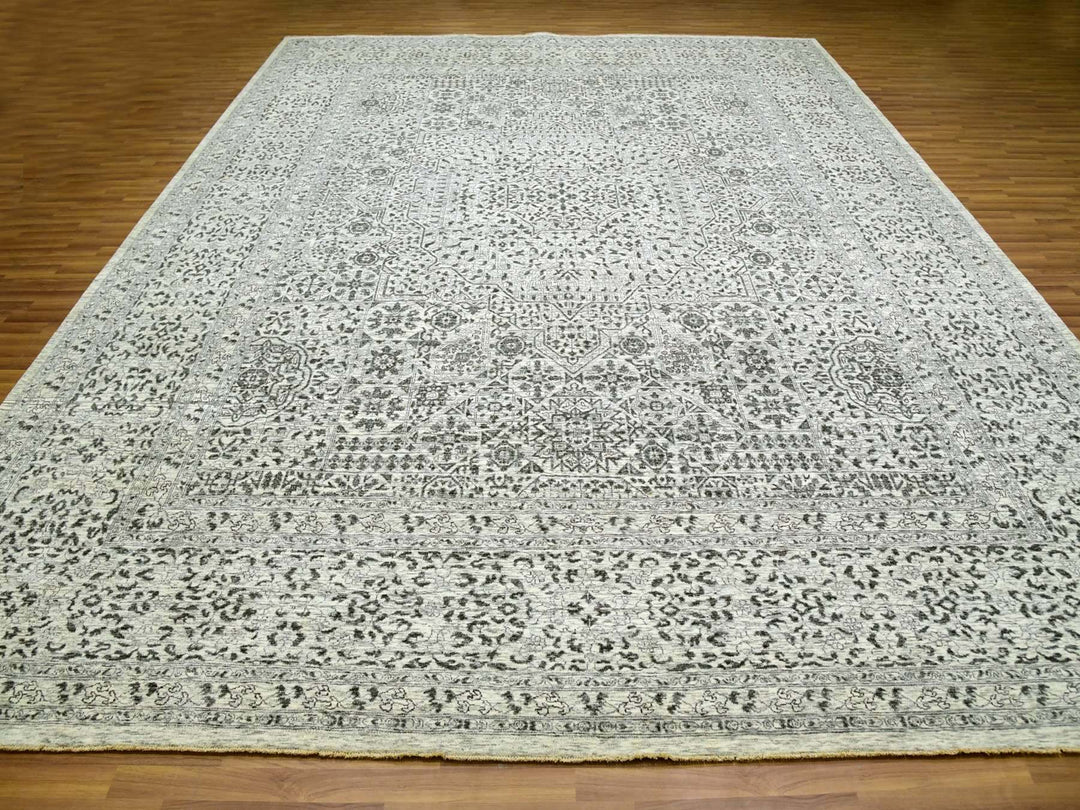 12'1" x 15'4" New Hand Knotted Ivory Wool Rectangle Oriental Rug - MOA10279983