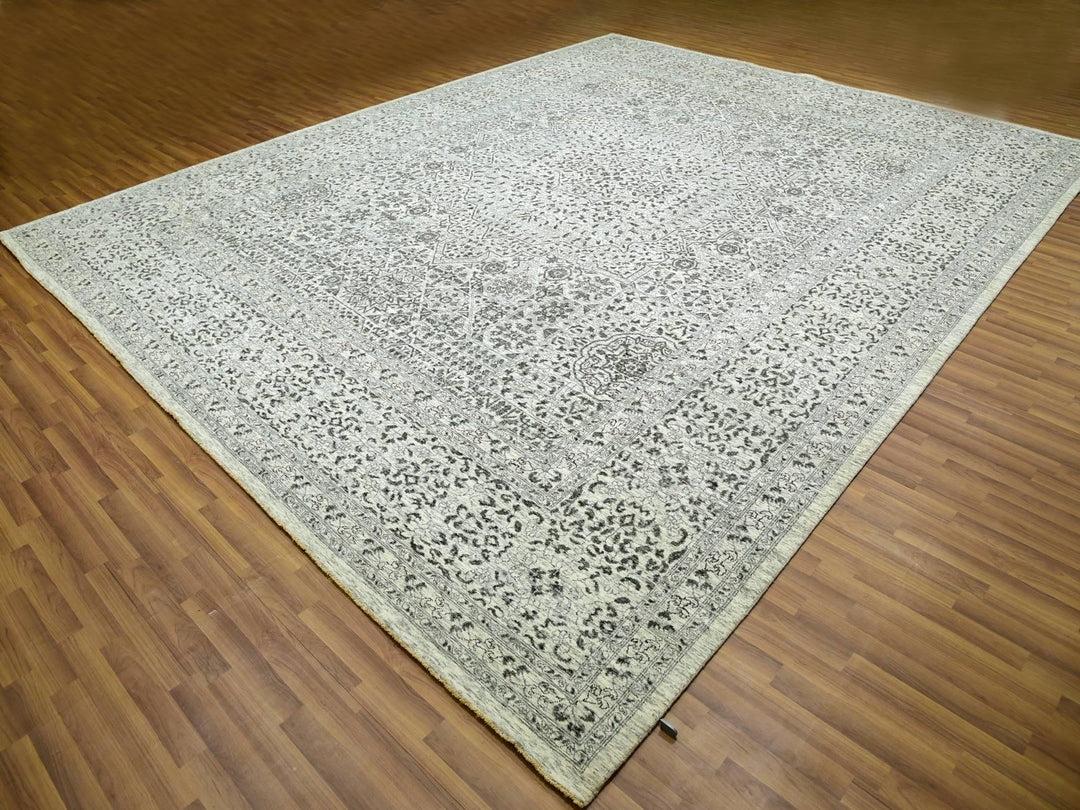 12'1" x 15'4" New Hand Knotted Ivory Wool Rectangle Oriental Rug - MOA10279983