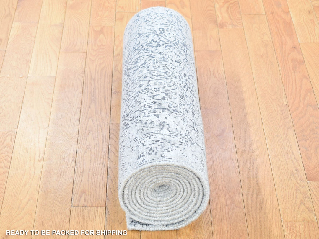 2'5" x 12'0" New Hand Loomed Grey Wool & Silk Runner Oriental Rug - MOA10280458