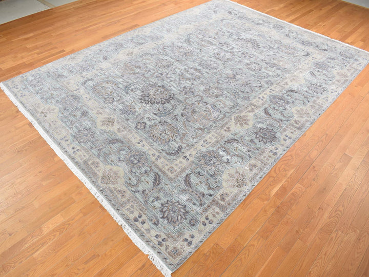 10'0" x 14'0" New Hand Knotted Green Wool & Pure Silk Rectangle Oriental Rug - MOA10280640