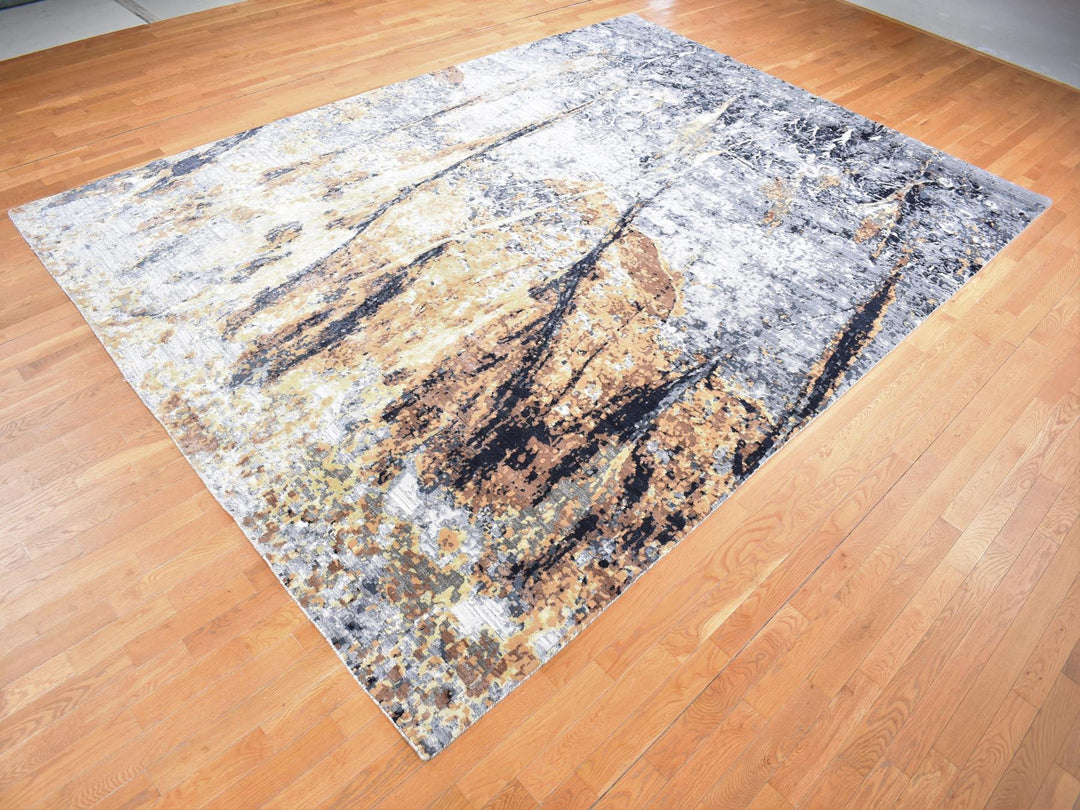 10'0" x 14'0" New Hand Knotted Grey Wool & Silk Rectangle Oriental Rug - MOA10280737