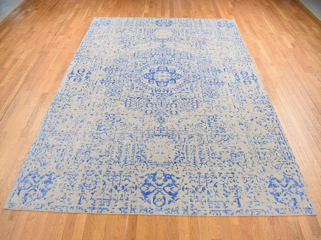 8'9" x 12'0" New Hand Loomed Blue Wool & Art Silk Rectangle Oriental Rug - MOA10280800