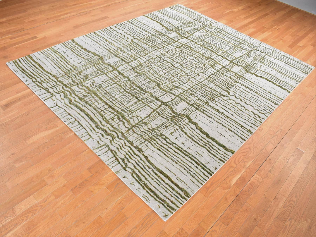 9'2" x 11'8" New Hand Loomed Grey Wool & Silk Rectangle Oriental Rug - MOA10280818