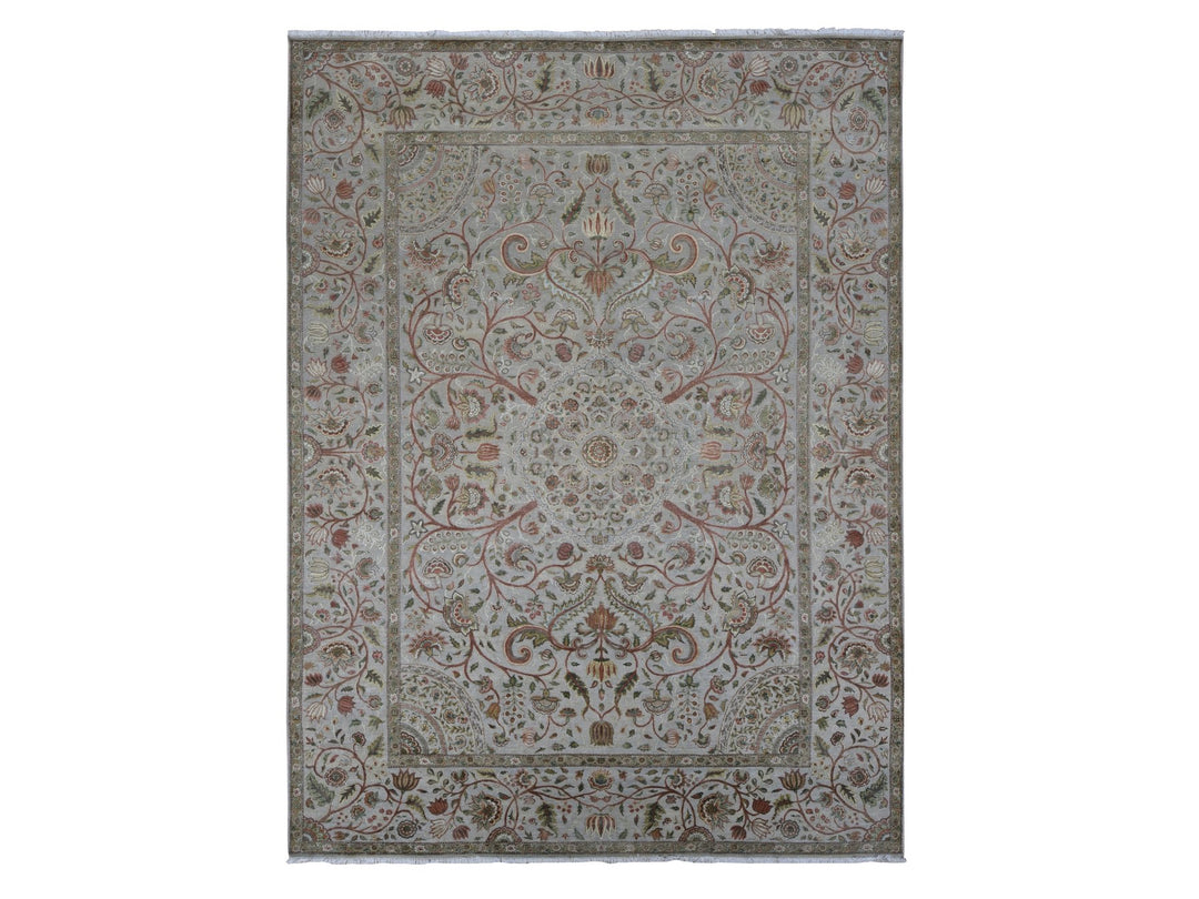 10'1" x 13'9" New Hand Knotted Grey Wool & Silk Rectangle Oriental Rug - MOA10280915