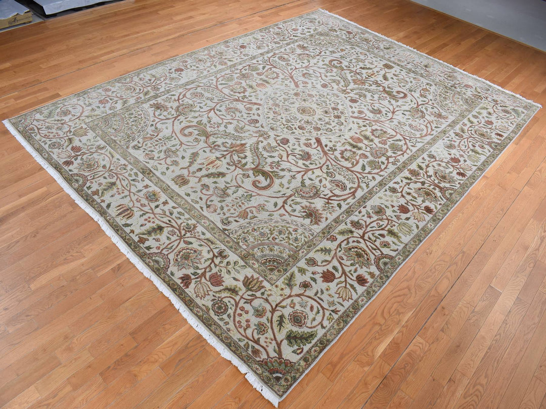 10'1" x 13'9" New Hand Knotted Grey Wool & Silk Rectangle Oriental Rug - MOA10280915