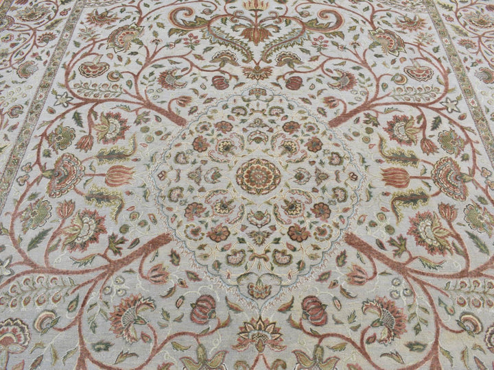 10'1" x 13'9" New Hand Knotted Grey Wool & Silk Rectangle Oriental Rug - MOA10280915