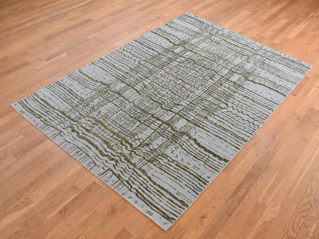 6'0" x 8'9" New Hand Loomed Grey Wool & Silk Rectangle Oriental Rug - MOA10280968