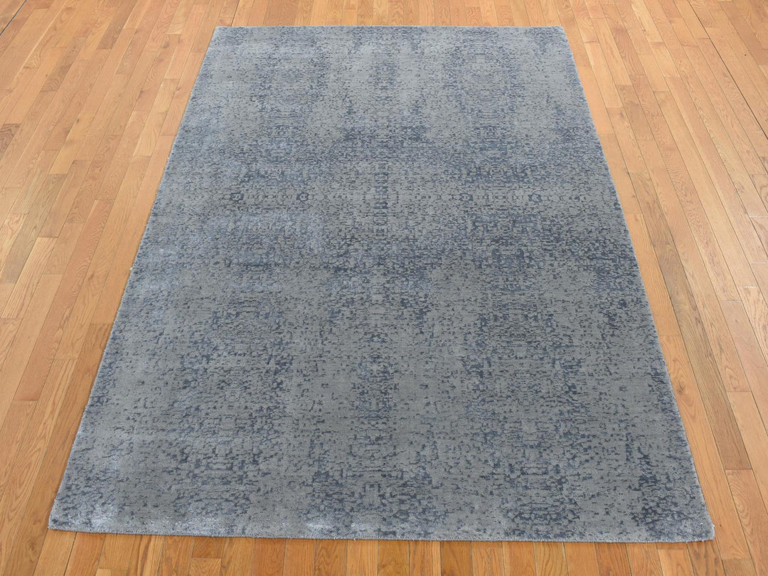 6'0" x 9'0" New Hand Loomed Grey Wool & Silk Rectangle Oriental Rug - MOA10280998