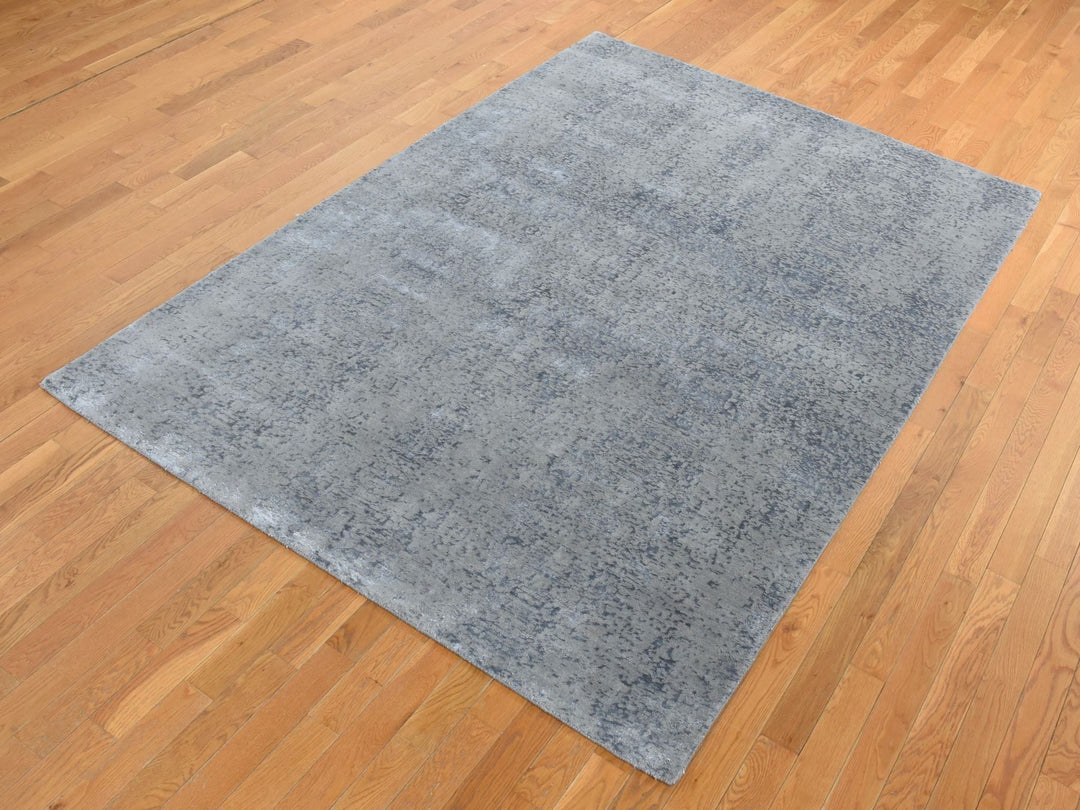 6'0" x 9'0" New Hand Loomed Grey Wool & Silk Rectangle Oriental Rug - MOA10280998