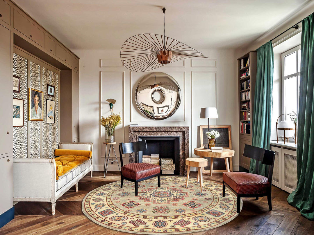 8'0" x 7'9" New Hand Knotted Yellow Wool Round Oriental Rug - MOA10282712