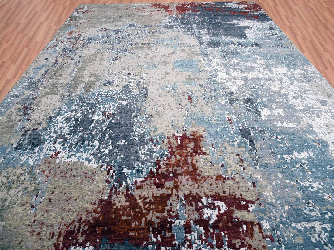 12'0" x 15'2" New Hand Knotted Blue Wool Rectangle Oriental Rug - MOA10283036