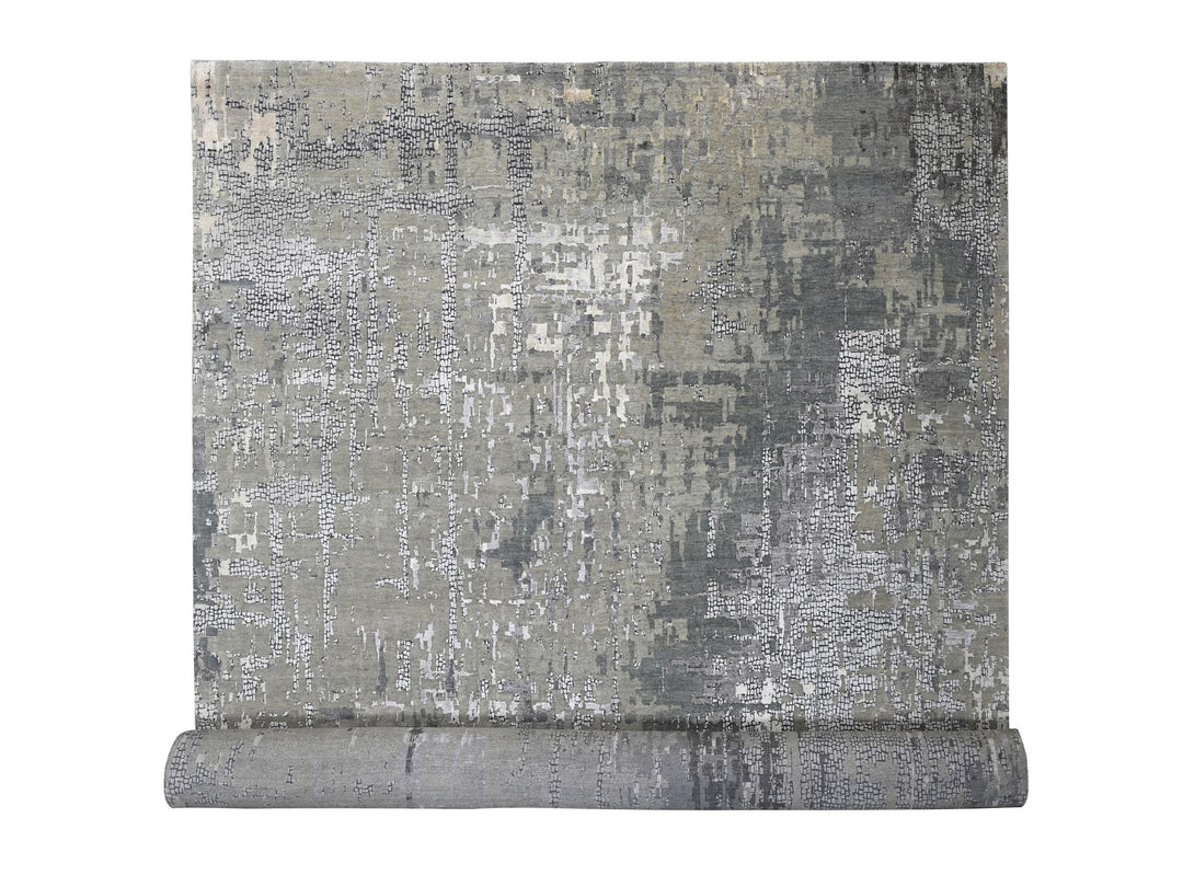 14'0" x 18'0" New Hand Knotted Grey Wool & Silk Rectangle Oriental Rug - MOA10284031