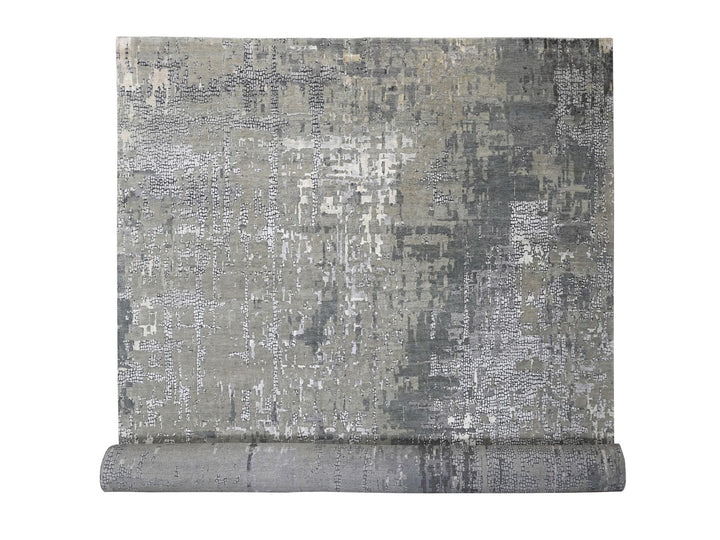 14'0" x 18'0" New Hand Knotted Grey Wool & Silk Rectangle Oriental Rug - MOA10284031