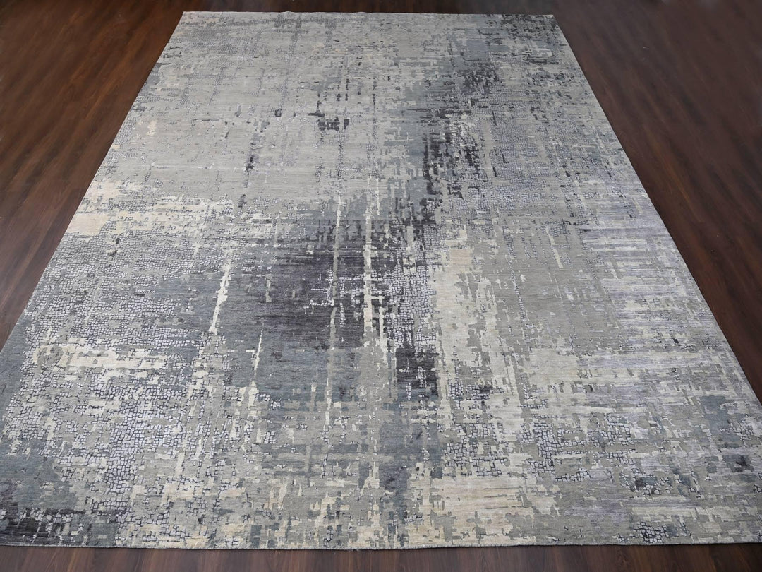 14'0" x 18'0" New Hand Knotted Grey Wool & Silk Rectangle Oriental Rug - MOA10284031
