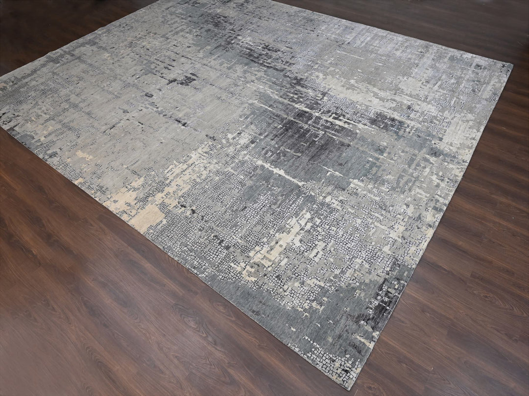 14'0" x 18'0" New Hand Knotted Grey Wool & Silk Rectangle Oriental Rug - MOA10284031