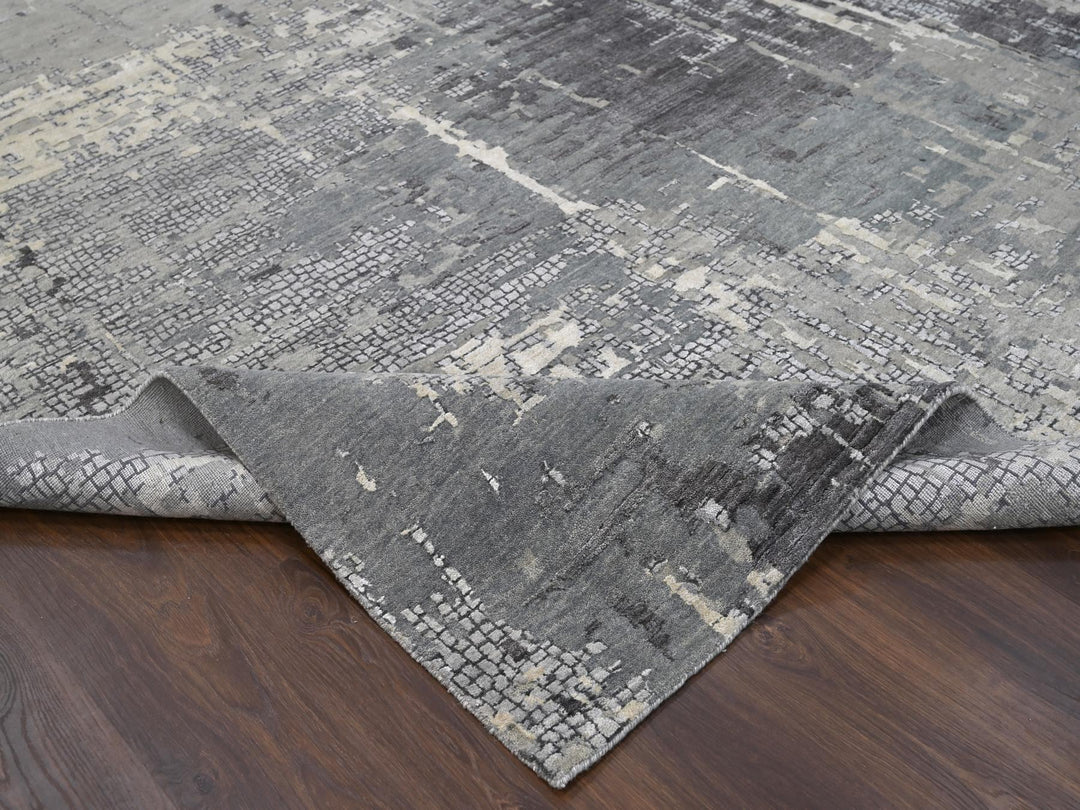 14'0" x 18'0" New Hand Knotted Grey Wool & Silk Rectangle Oriental Rug - MOA10284031