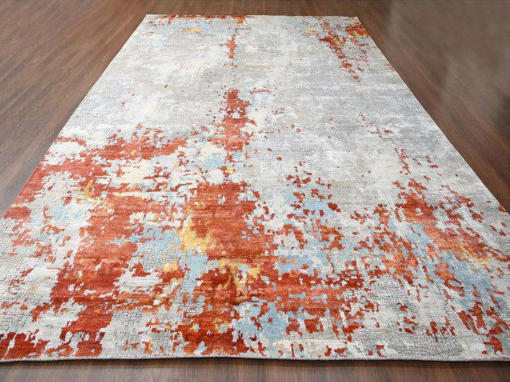 12'0" x 17'10" New Hand Knotted Grey Wool & Silk Rectangle Oriental Rug - MOA10284591