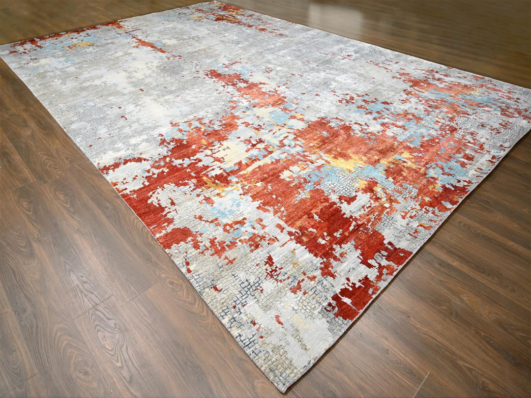 12'0" x 17'10" New Hand Knotted Grey Wool & Silk Rectangle Oriental Rug - MOA10284591