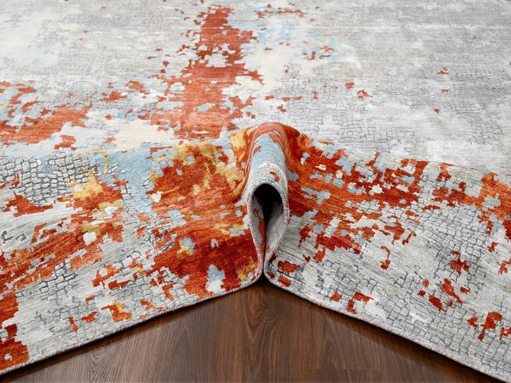 12'0" x 17'10" New Hand Knotted Grey Wool & Silk Rectangle Oriental Rug - MOA10284591