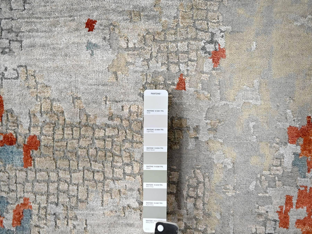 12'0" x 17'10" New Hand Knotted Grey Wool & Silk Rectangle Oriental Rug - MOA10284591