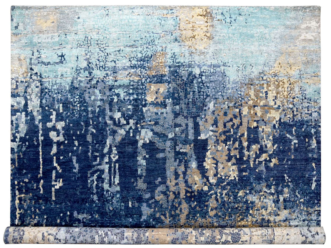 12'0" x 11'9" New Hand Knotted Blue Wool & Silk Square Oriental Rug - MOA10284727