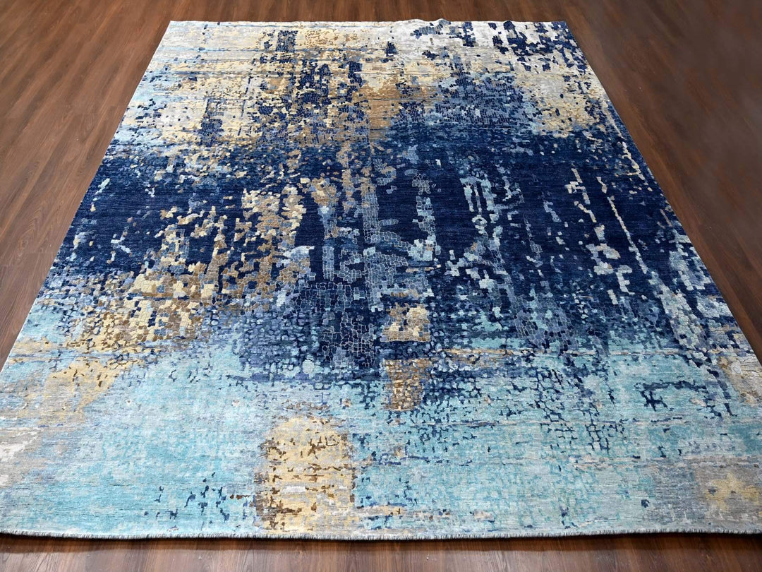 12'0" x 11'9" New Hand Knotted Blue Wool & Silk Square Oriental Rug - MOA10284727