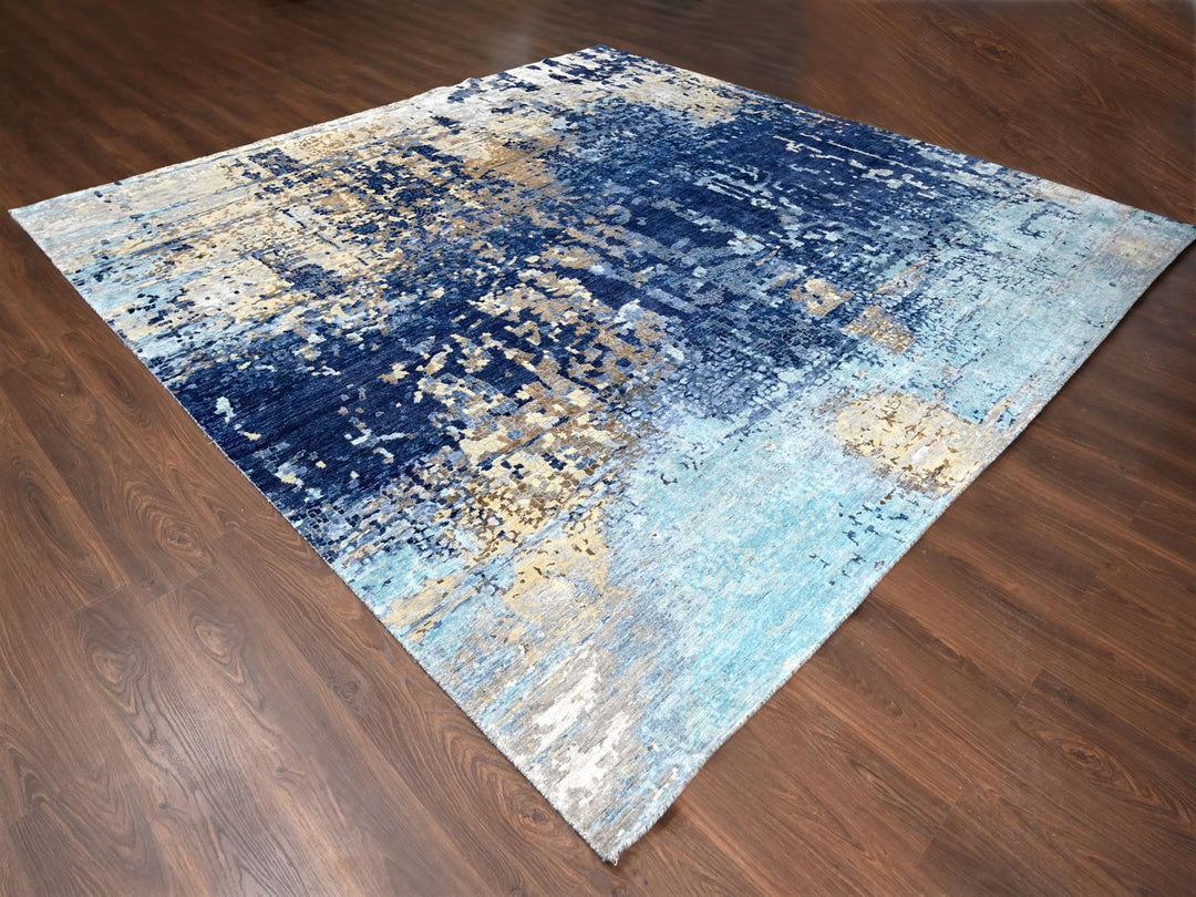 12'0" x 11'9" New Hand Knotted Blue Wool & Silk Square Oriental Rug - MOA10284727