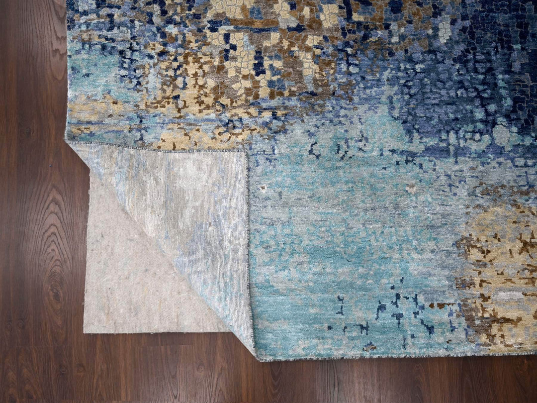 12'0" x 11'9" New Hand Knotted Blue Wool & Silk Square Oriental Rug - MOA10284727