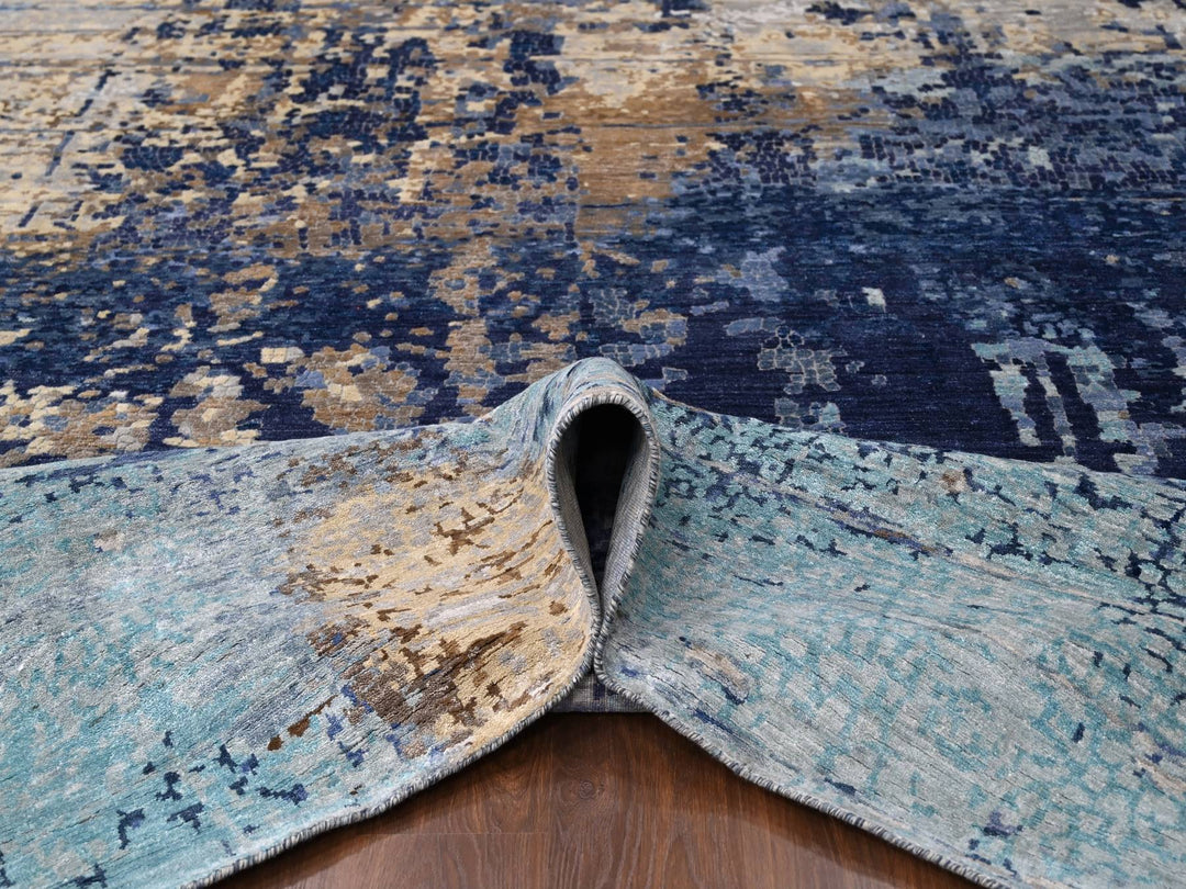 12'0" x 11'9" New Hand Knotted Blue Wool & Silk Square Oriental Rug - MOA10284727