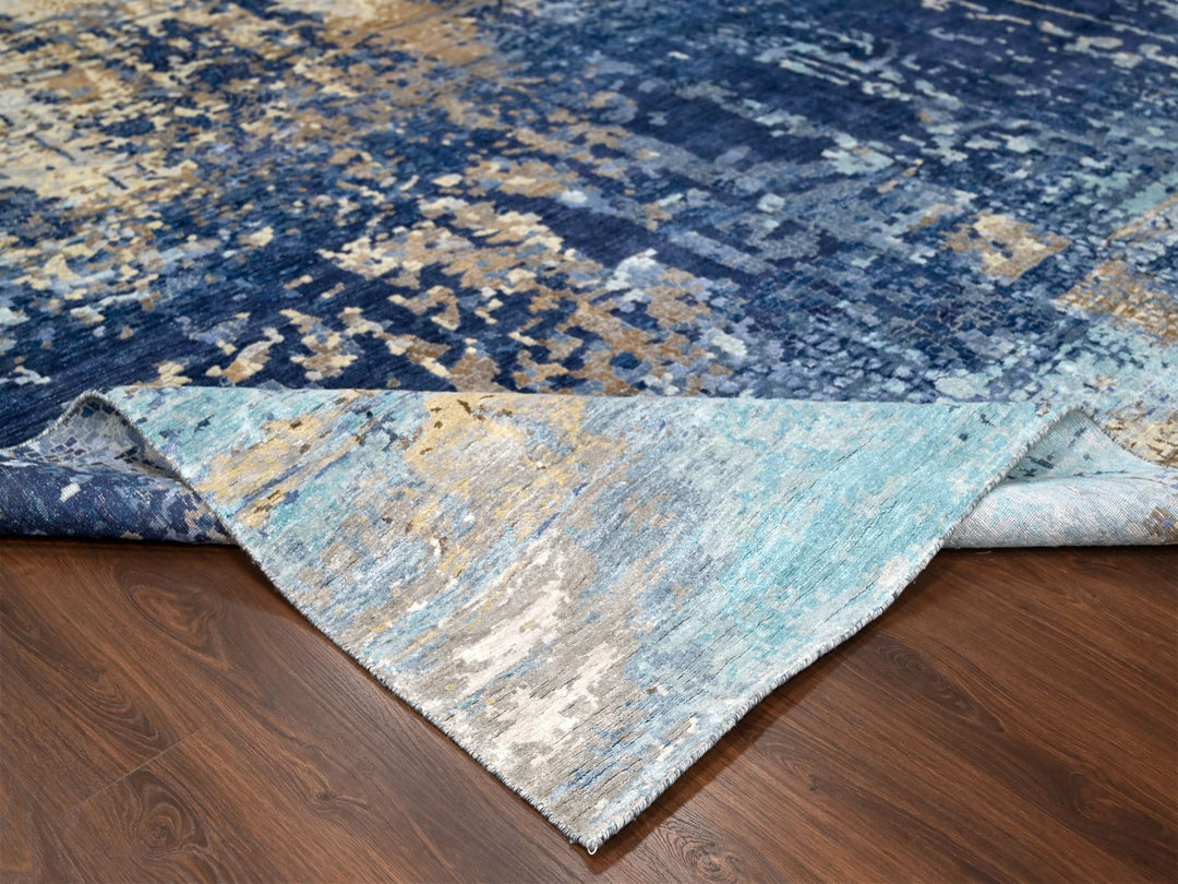 12'0" x 11'9" New Hand Knotted Blue Wool & Silk Square Oriental Rug - MOA10284727