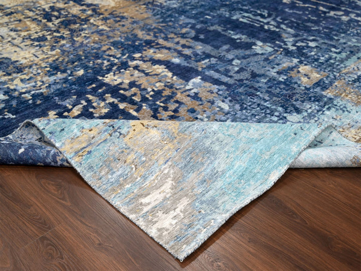 12'0" x 11'9" New Hand Knotted Blue Wool & Silk Square Oriental Rug - MOA10284727