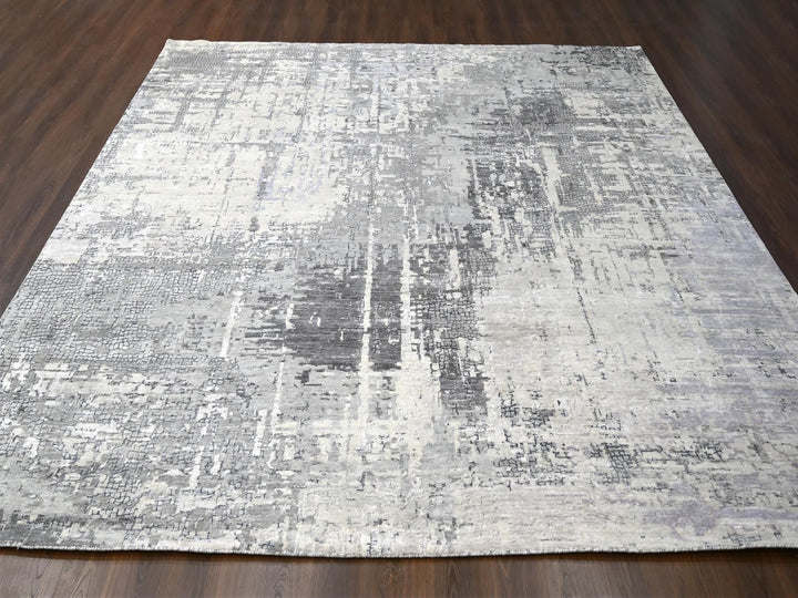 11'10" x 11'11" New Hand Knotted Grey Wool & Silk Square Oriental Rug - MOA10284753