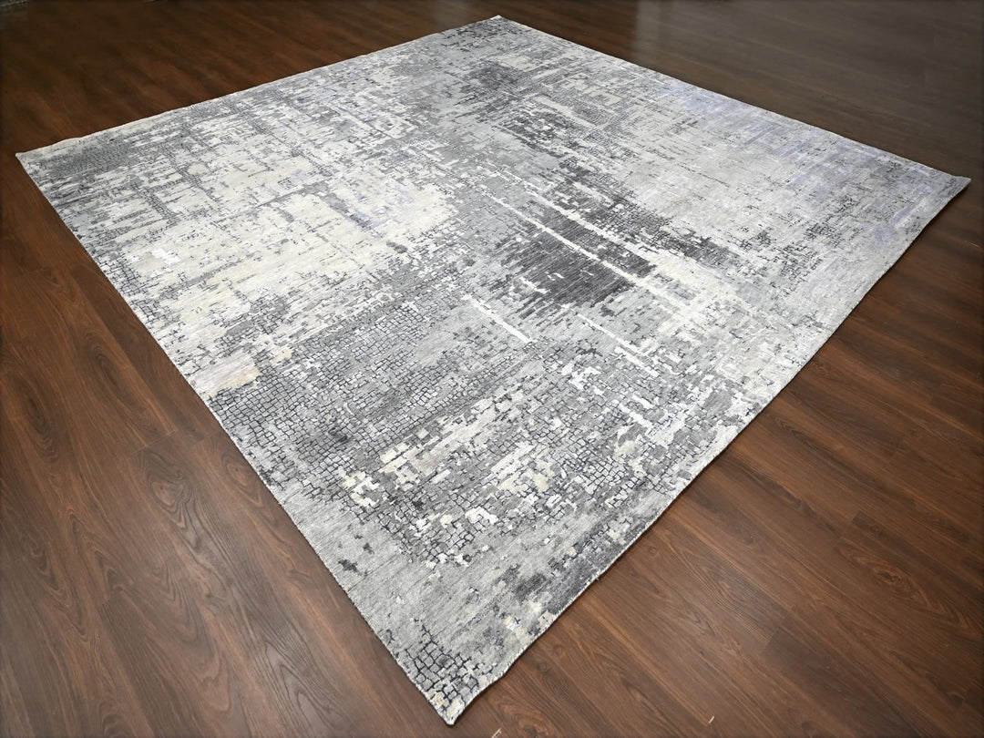 11'10" x 11'11" New Hand Knotted Grey Wool & Silk Square Oriental Rug - MOA10284753