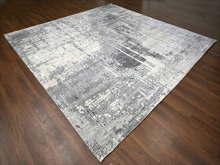 11'10" x 11'11" New Hand Knotted Grey Wool & Silk Square Oriental Rug - MOA10284753