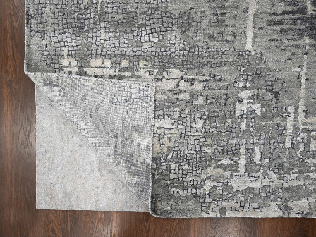 11'10" x 11'11" New Hand Knotted Grey Wool & Silk Square Oriental Rug - MOA10284753