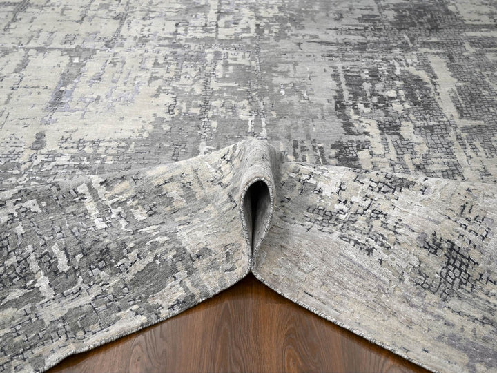 11'10" x 11'11" New Hand Knotted Grey Wool & Silk Square Oriental Rug - MOA10284753