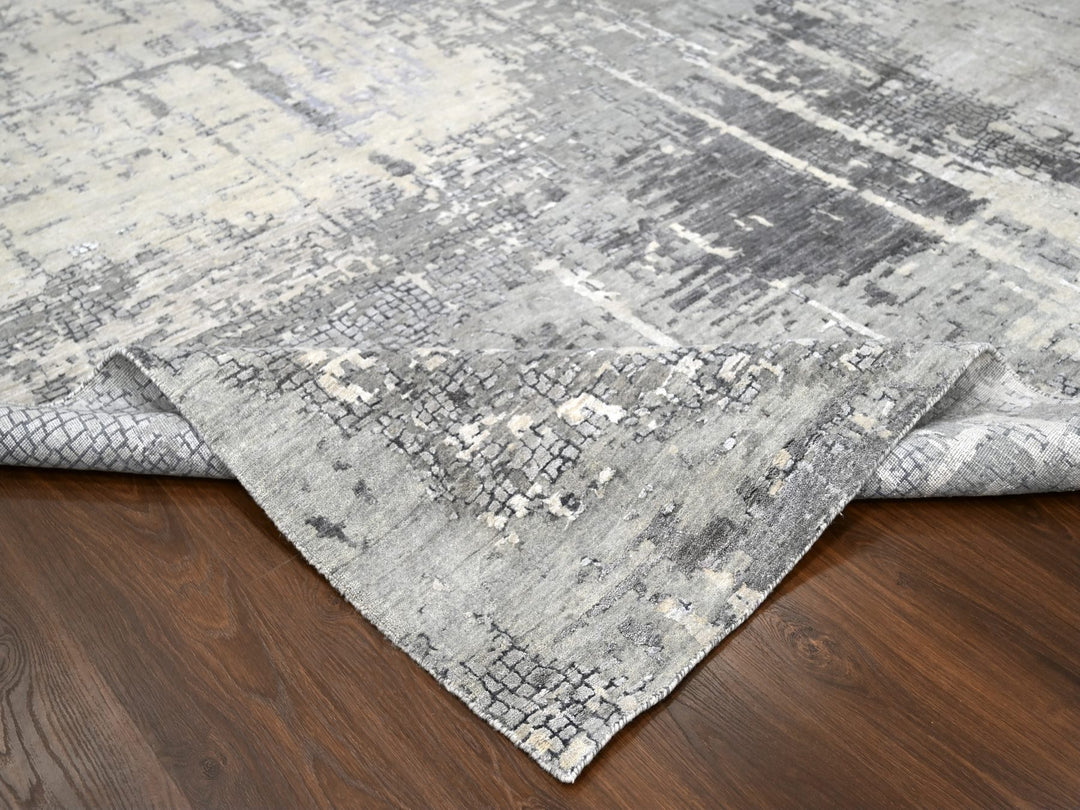 11'10" x 11'11" New Hand Knotted Grey Wool & Silk Square Oriental Rug - MOA10284753