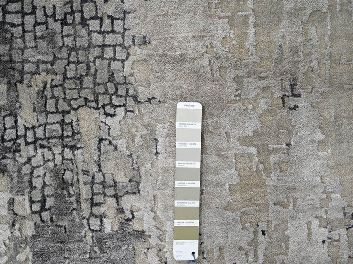 11'10" x 11'11" New Hand Knotted Grey Wool & Silk Square Oriental Rug - MOA10284753