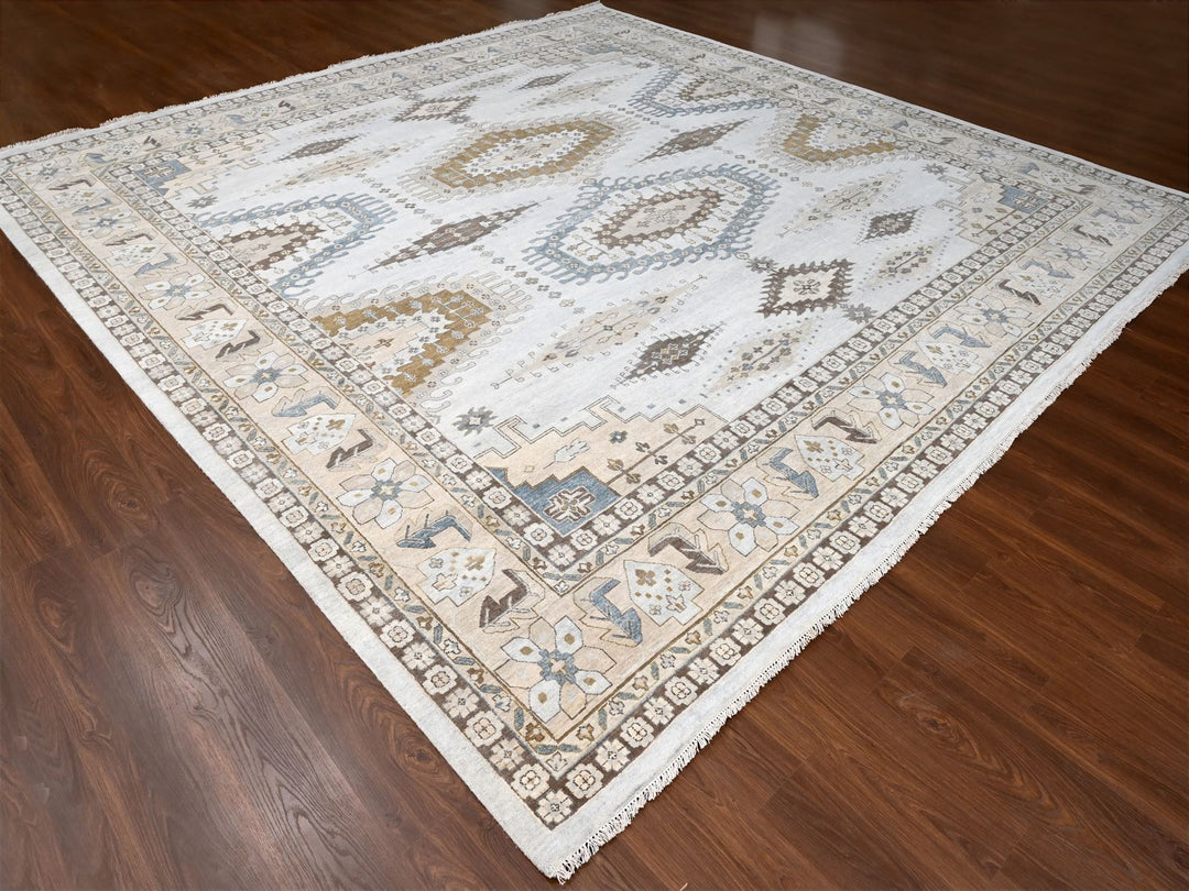 13'7" x 13'10" New Hand Knotted Grey Wool Square Oriental Rug - MOA10284860